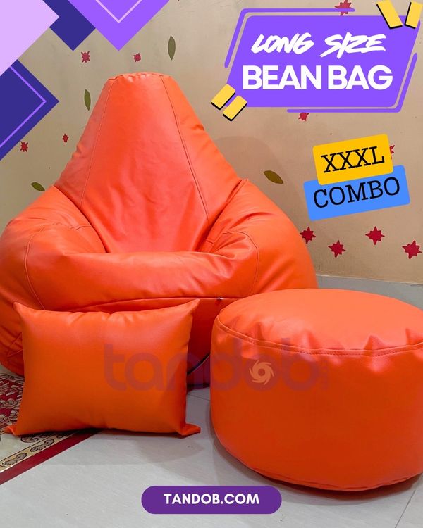 XXXL High Long Bean Bag Chair, Leg rest & Cushion - Combo Set - Orange Color