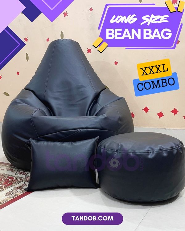 XXXL High Long Bean Bag Chair, Leg rest & Cushion - Combo Set - Black Color