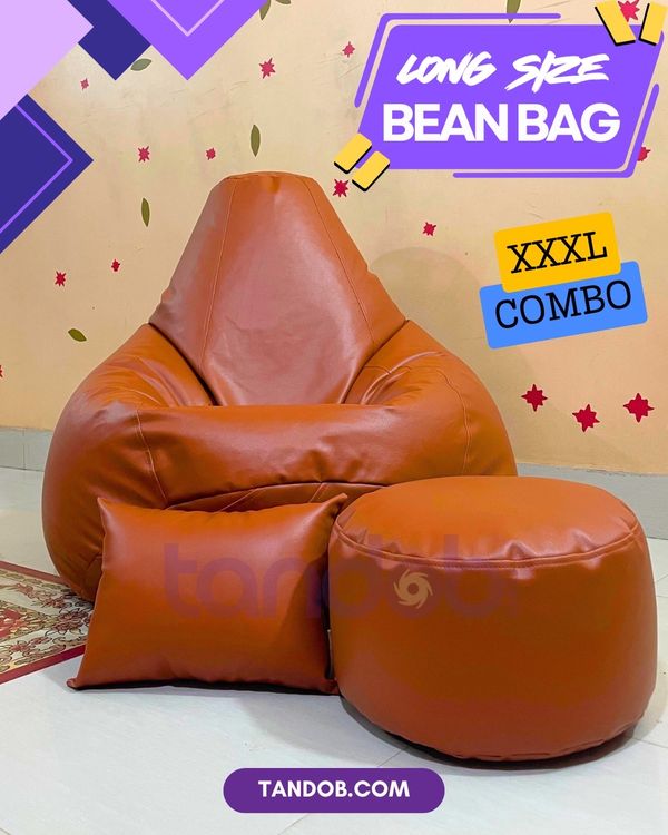 XXXL High Long Bean Bag Chair, Leg rest & Cushion - Combo Set - Deep Brown Color