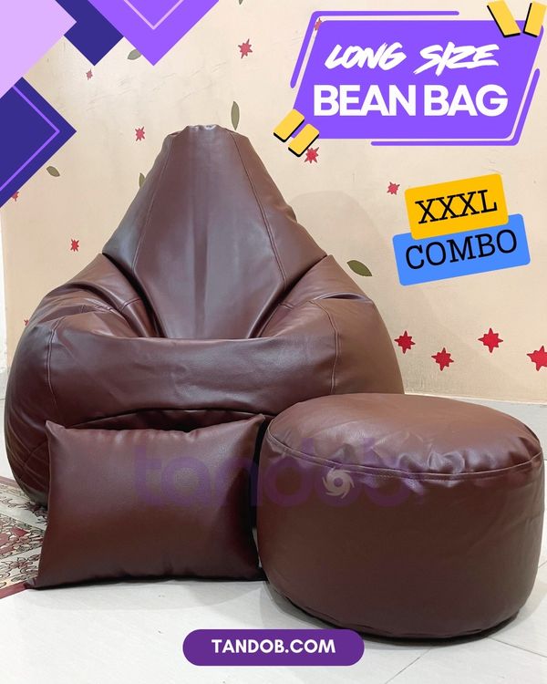 XXXL High Long Bean Bag Chair, Leg rest & Cushion - Combo Set - Chocolate Color