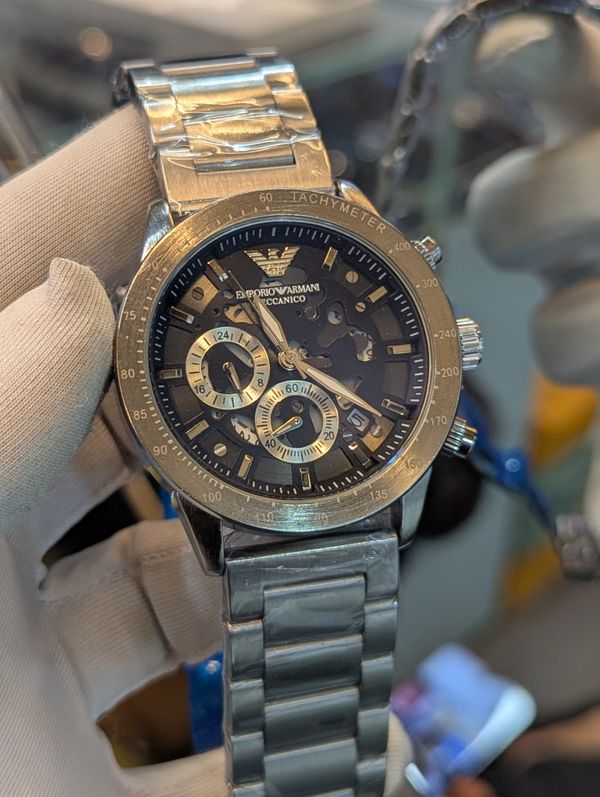 Armani Meccanico Grey Dial Silver Chain