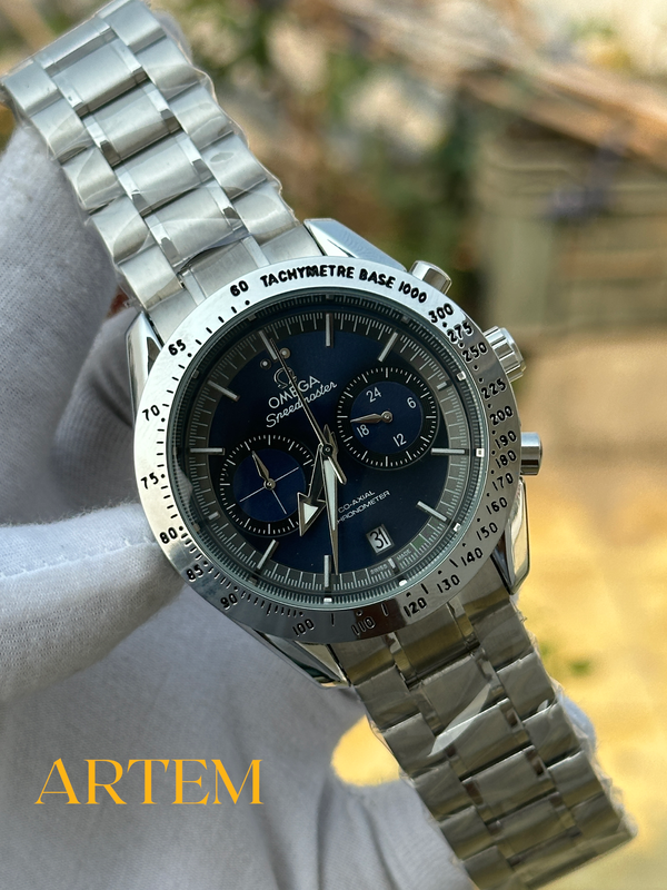 Omega Speedmaster Broad Arrow Two-Chrono Chronograph Navy Blue Dial AA
