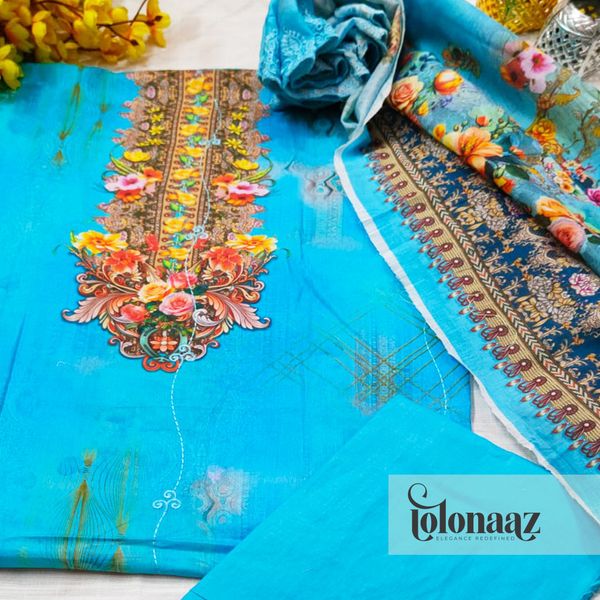 Embroidered lawn with digital print (Blue)