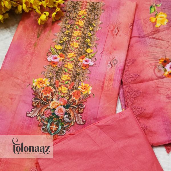 Embroidered lawn with digital print (Red)