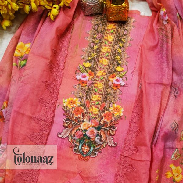 Embroidered lawn with digital print (Red)