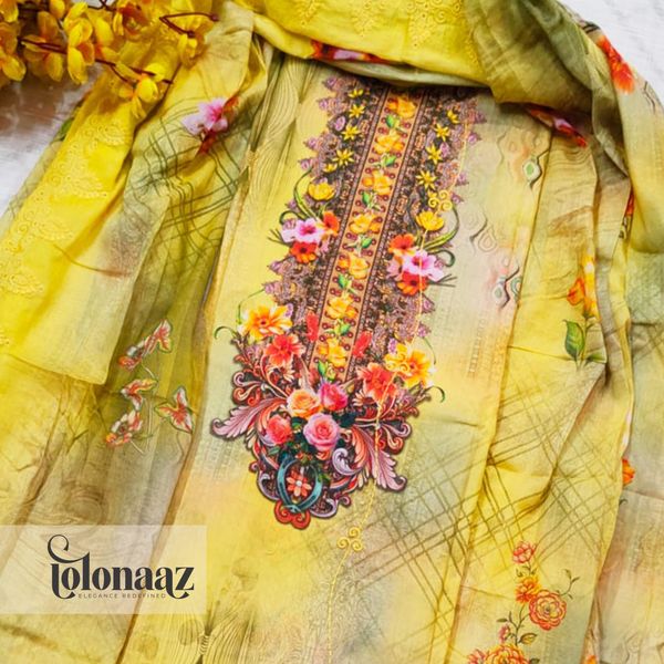 Embroidered lawn with digital print (Yellow)