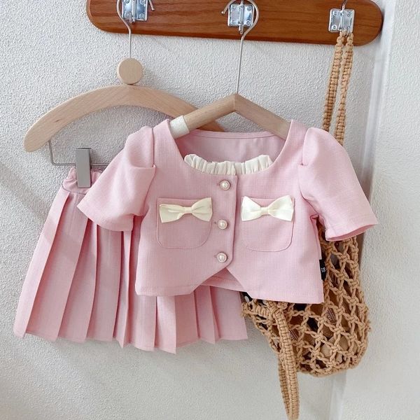 Baby Girl Elegant Summer Cotton Clothing Set Short Sleeve Coat with Pleated Skirt (2 to 6 years)