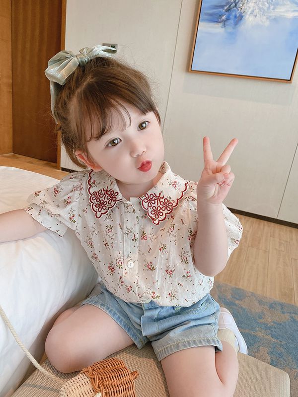 Kids Girls Summer Floral Embroidery Outfit Stylish Cotton Top & Denim Shorts (2-6 years)