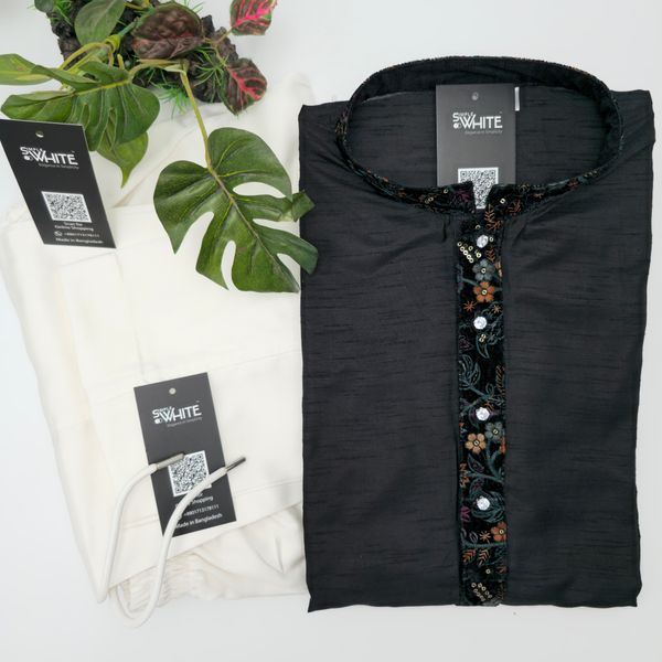 Black Panjabi with Floral Laced Pattern