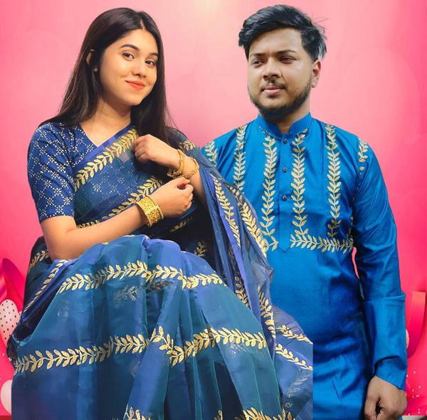 প্রিমিয়াম সেমি মসলিন শাড়ি পাঞ্জাবি কাপল সেট।