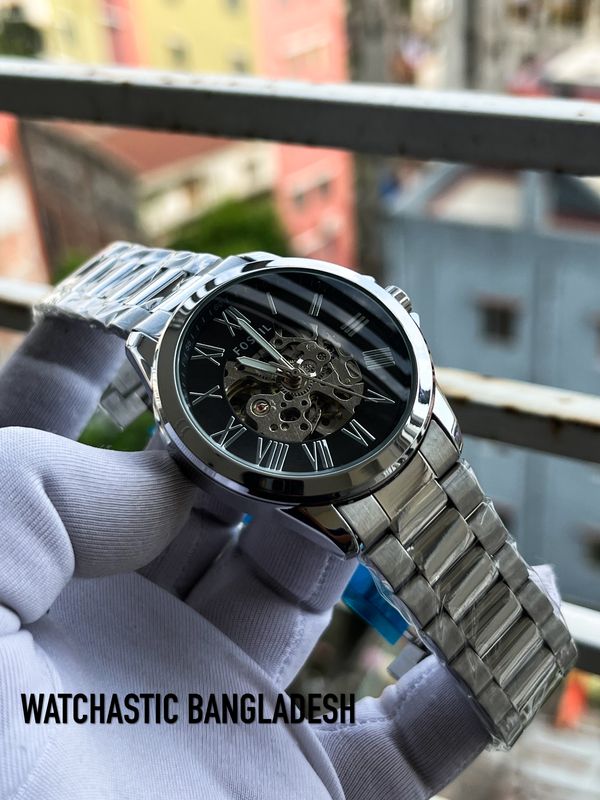 Fossil Auto Silver Chain Black Dial
