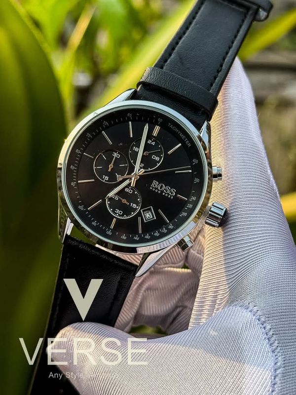 Boss three chrono black belt silver case black dial