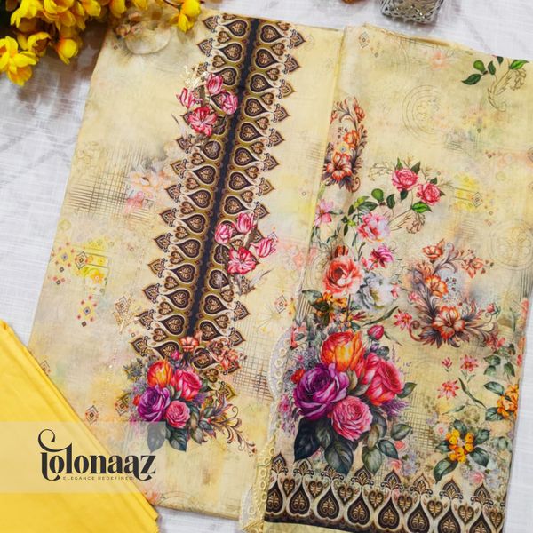 Embroidered Lawn Kameez with Sequence Work (Yellow)