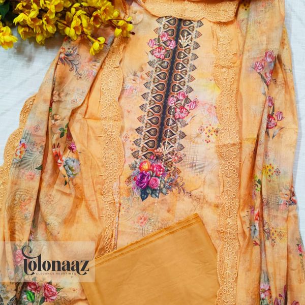 Embroidered Lawn Kameez with Sequence Work (Orange)