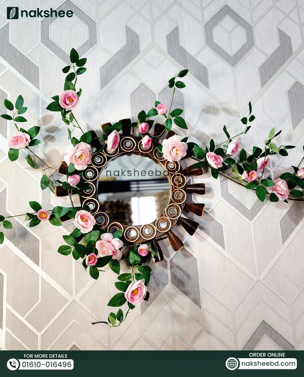 Wooden Mirror 17/17'' Coffee color Circle design + Premium Rose vines