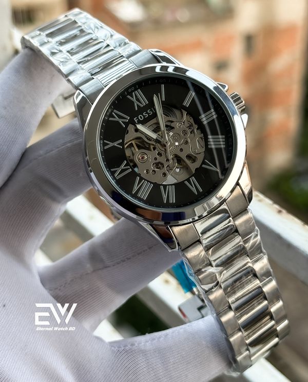 FOSSIL AUTOMATIC BLACK DIAL SILVER BODY