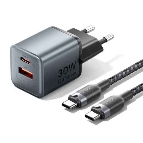 Vention 2-Port GaN Charger 30W USB-C + 18W USB-A, EU Plug with 1M USB-C Cable