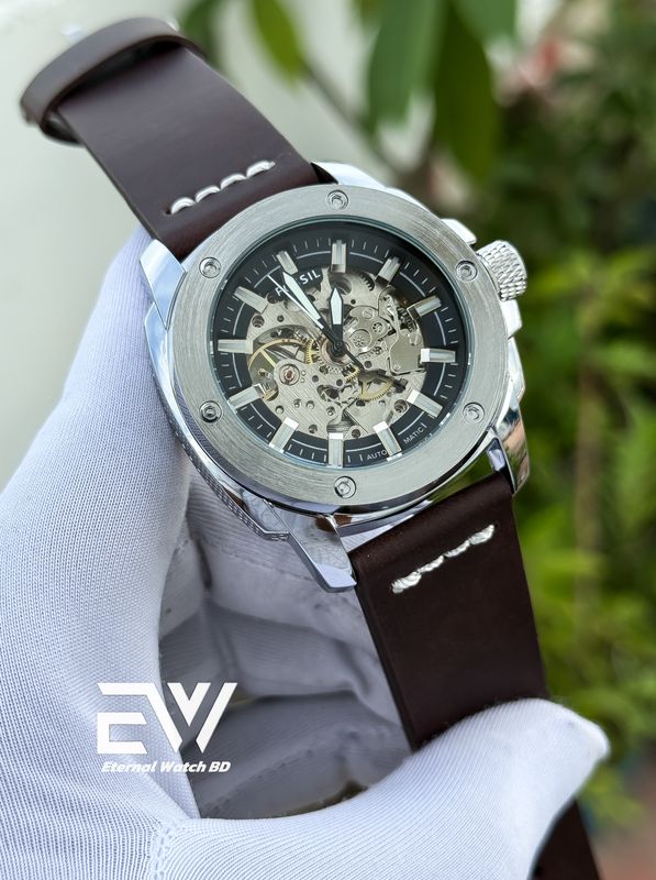 FOSSIL AUTOMATIC CHOCOLATE BELT BLACK DIAL SILVER CASE