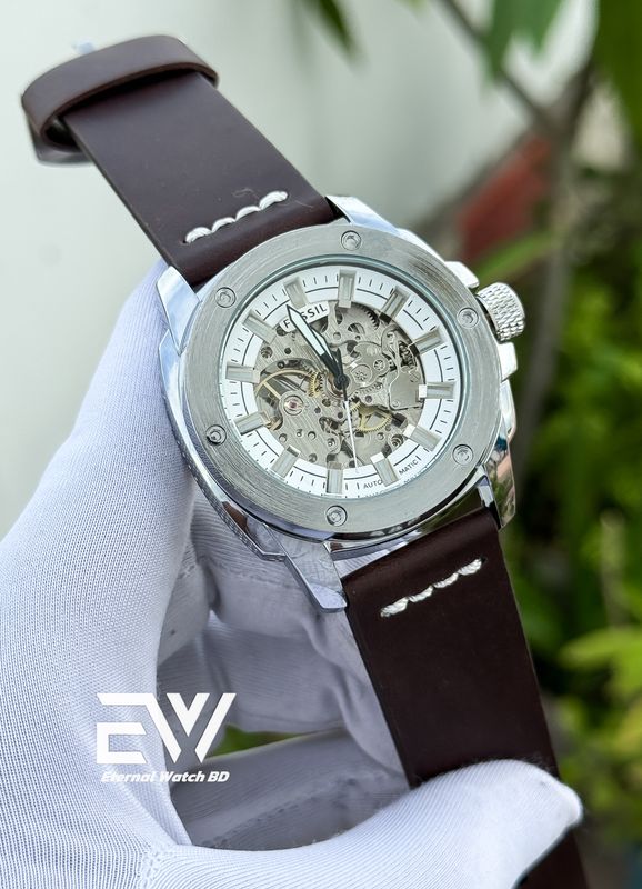 FOSSIL AUTOMATIC CHOCOLATE BELT WHITE DIAL SILVER CASE