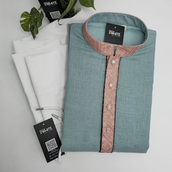 Muted Teal & Dusty Rose Trim Panjabi