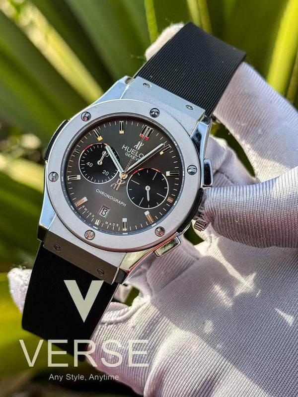 hublot classic fusion silver case blac dial black belt