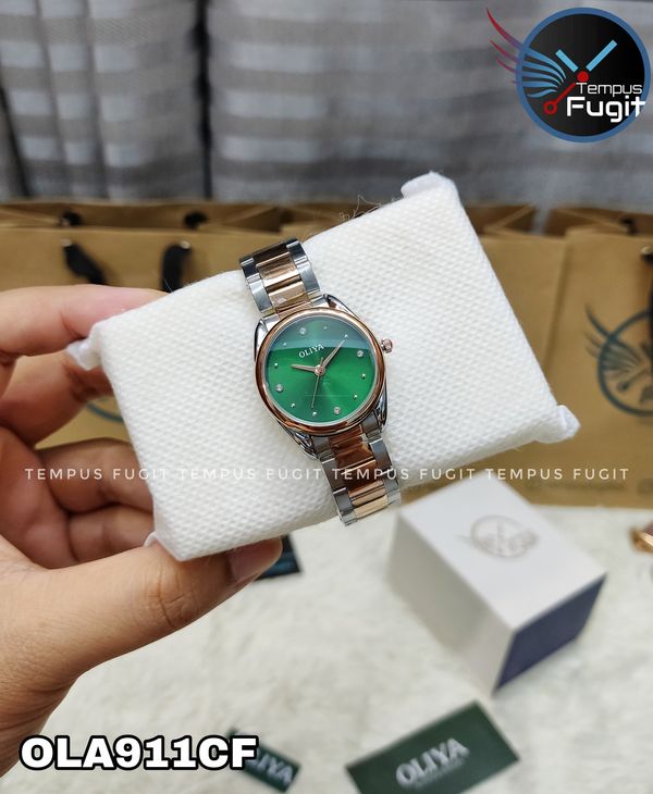 OLIYA 6658 Ladies Chain Watch- Green Dial- Rose Golden Bezel- Rose Golden+Silver Chain- TF Code OLA911CF
