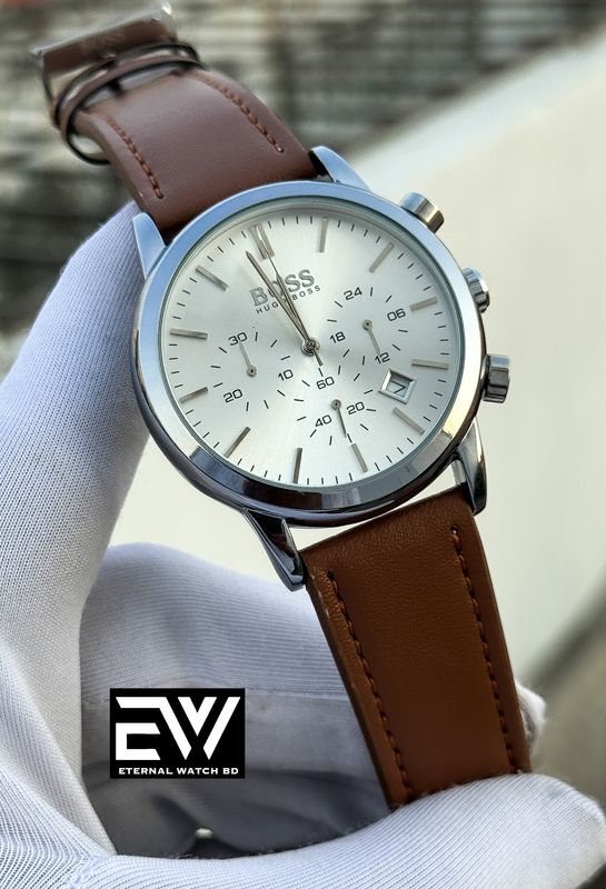 BOSS 3 CHRONO BROWN BELT SILVER CASE WHITE DIAL