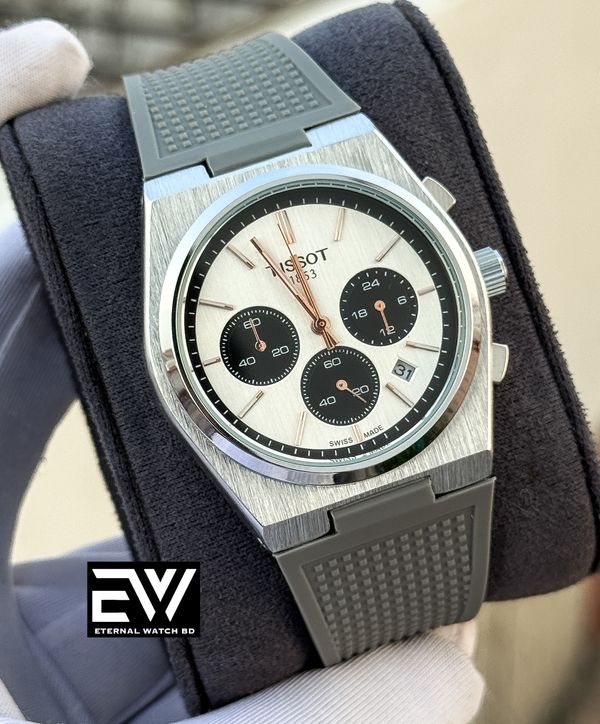 TISSOT PRX  GRAY BELT WHITE DIAL BLACK SUB