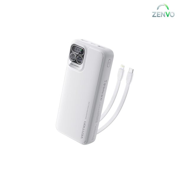 VENTION I15BB-V2 20000mAh 22.5W Power Bank with Built-in USB-C & Lightning Cables – White