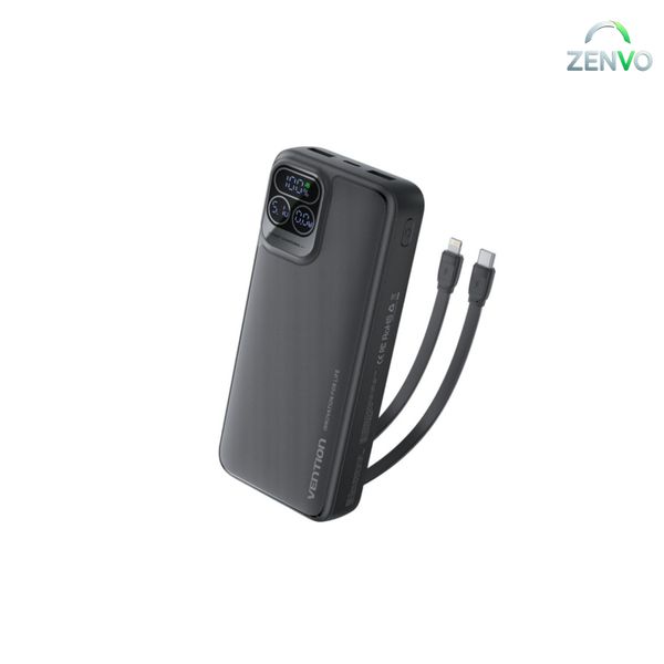 VENTION I15BB-V2 20000mAh 22.5W Power Bank with Built-in USB-C & Lightning Cables – Black