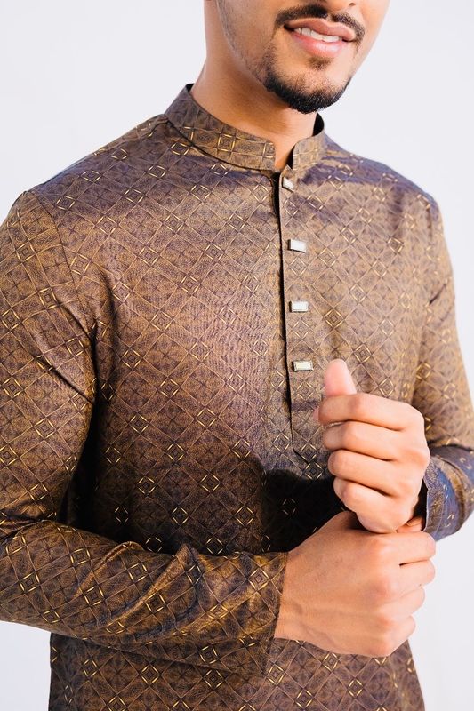 Jacquard Cotton Classic Panjabi for Men-Brown (PJB-014)