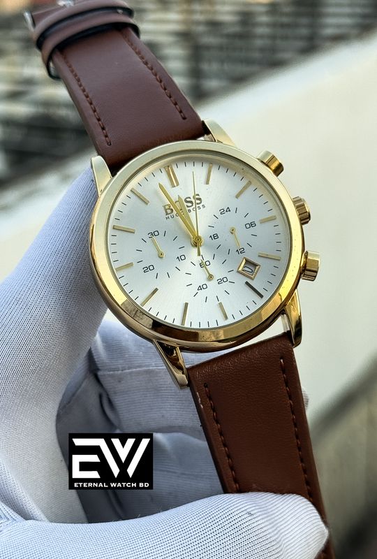 BOSS 3 CHRONO BROWN BELT GOLD CASE WHITE DIAL