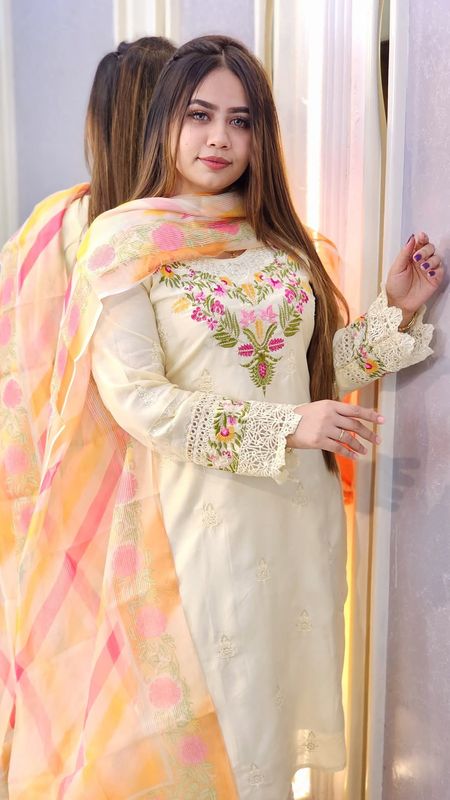 Elegant AC Cotton Three Piece for Women – Computer & Sequence Embroidery Work ✨👗🧵