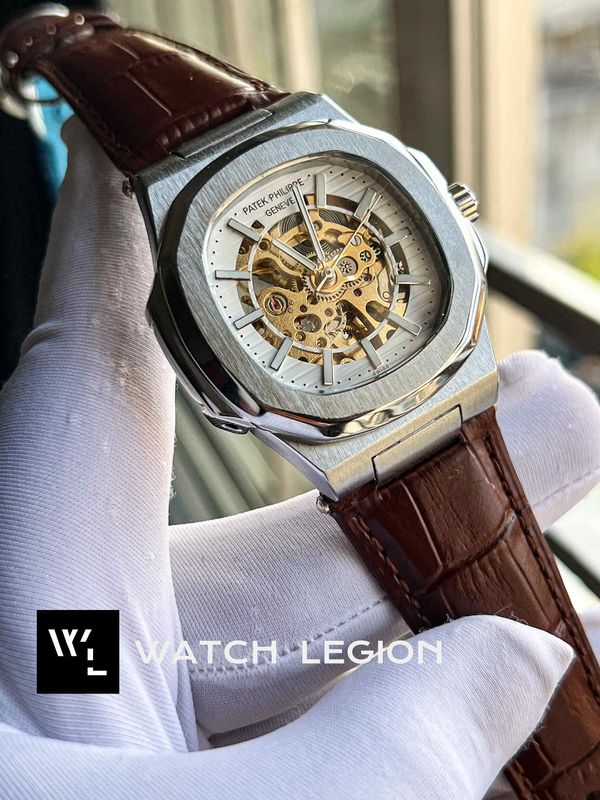PATEK AUTO SKELETON BROWN BELT WHITE DIAL
