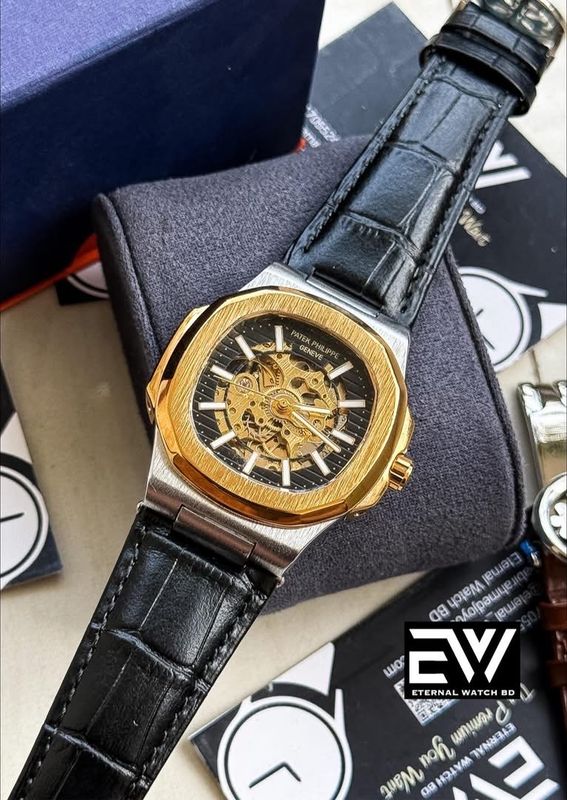 PATEK AUTOMATIC SKELETON GOLD CASE BLACK DIAL BLACK BELT