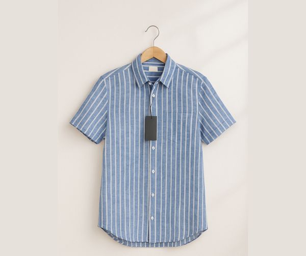 H&M Half Sleeve Shirt - White Stripes on Denim Blue Color