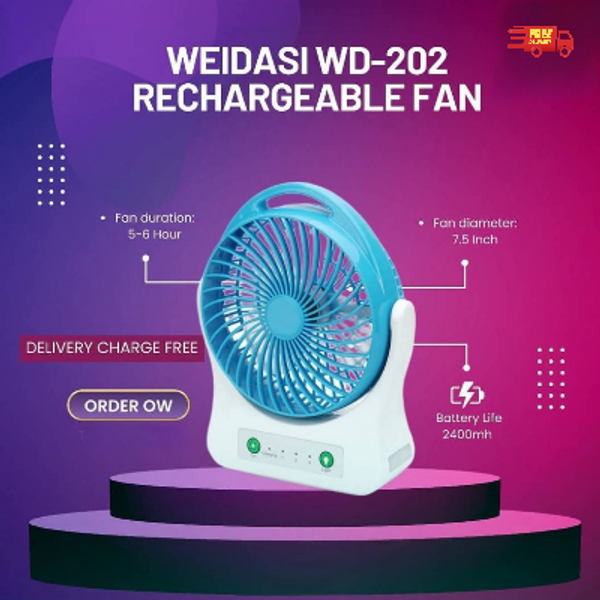 WEIDASI WD-202 Rechargeable 2400mAh Battery Strong Wind Portable Desk Fan With LED Lamp