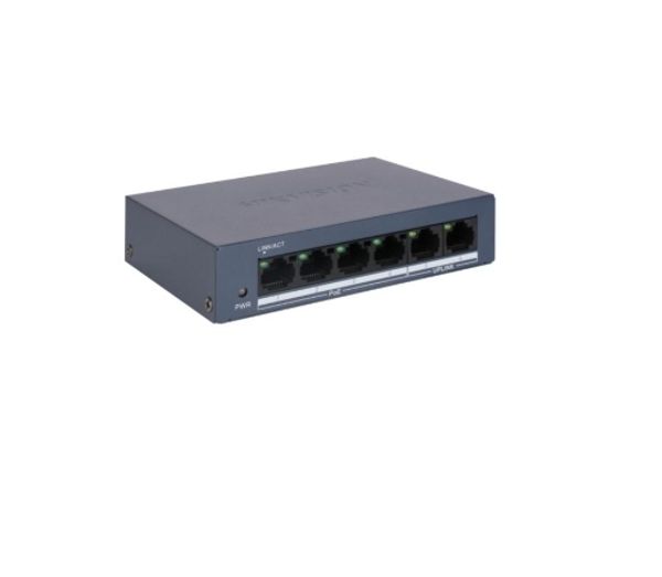 Hikvision DS-3E0106MP-E/M – 4-Port PoE Switch for seamless surveillance! ⚡ Power your IP cameras & transfer data without hassle! Plug & play convenience!