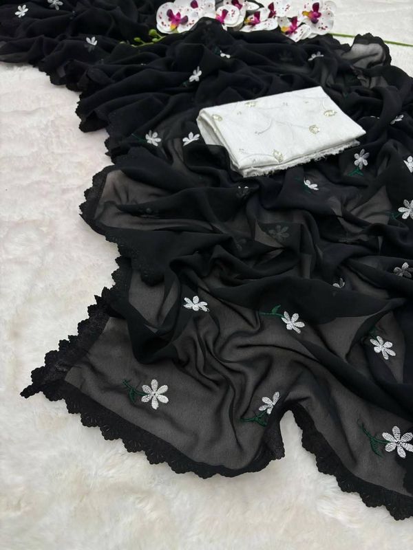 সফট জর্জেট শাড়ি সাথে লেজ থাকবে এমব্রয়ডারি ওয়ার্ককরা