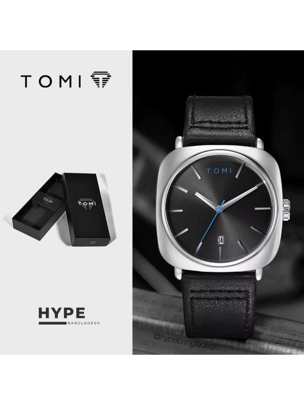 TOMI T-084 Men's Leather Belt Quartz Watch With Date (Silver-Black)