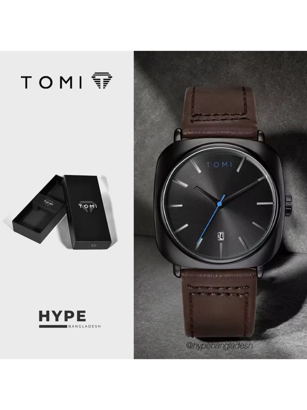 TOMI T-084 Men's Leather Belt Quartz Watch With Date (Brown-Black)