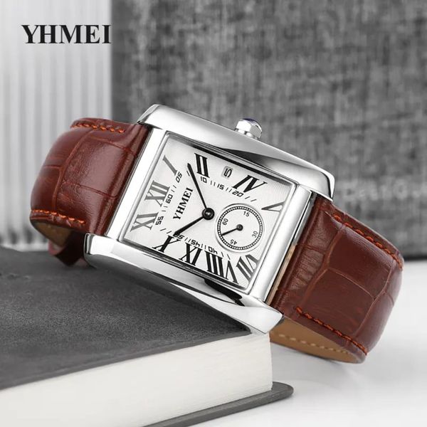 YHMEI Waterproof Men's Quartz Watch with Black Leather Strap and Alloy Case