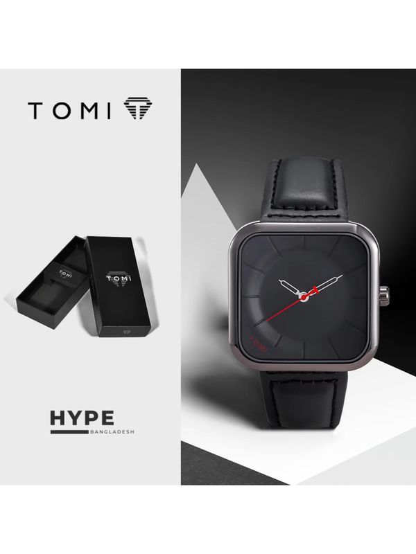 TOMI T-093 Square Men's Leather Belt Quartz Watch (Full Black)