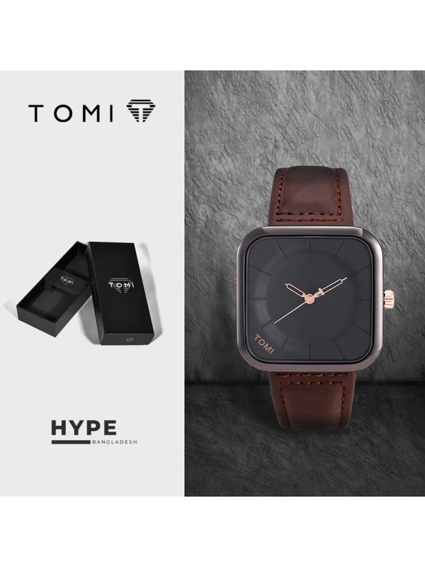 TOMI T-093 Square Men's Leather Belt Quartz Watch (Brown-Black)