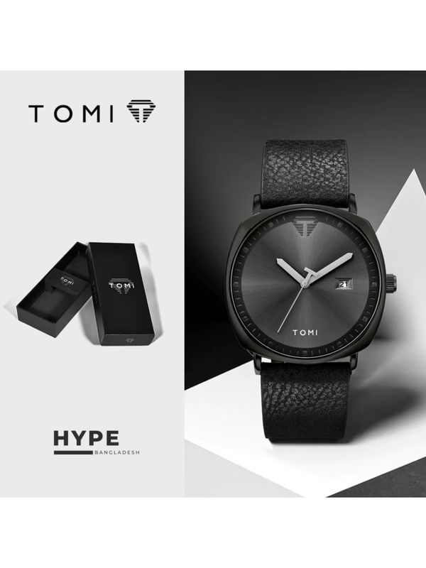 TOMI T-044 Men's Quartz Leather Belt Watch With Date (Black)