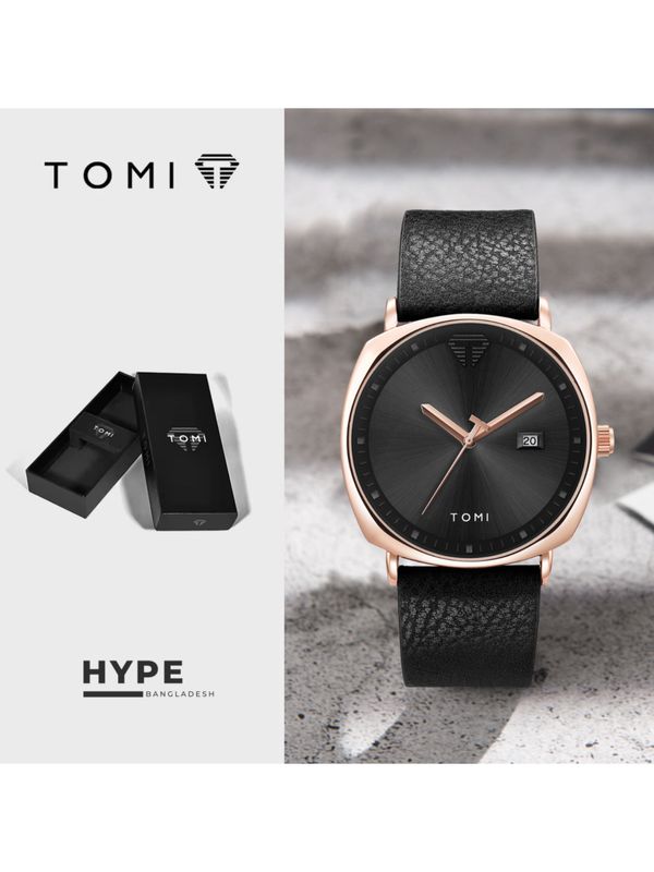 TOMI T-044 Men's Quartz Leather Belt Watch With Date (Black-Rosegold)