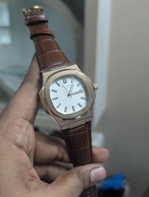 PATEK NAUTILUS QUARTZ ROSE GOLD CASE WHITE DIAL BROWN BELT