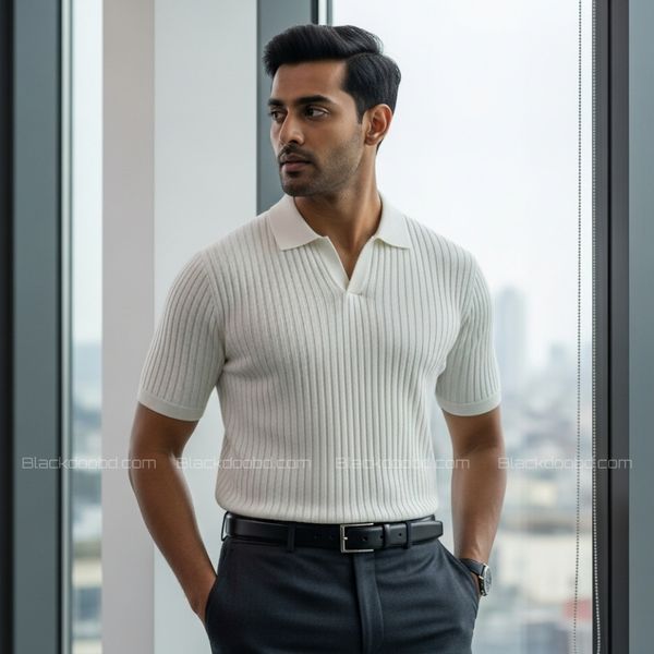 Old Money Men’s Polo – Ribbed Cotton Knit | White