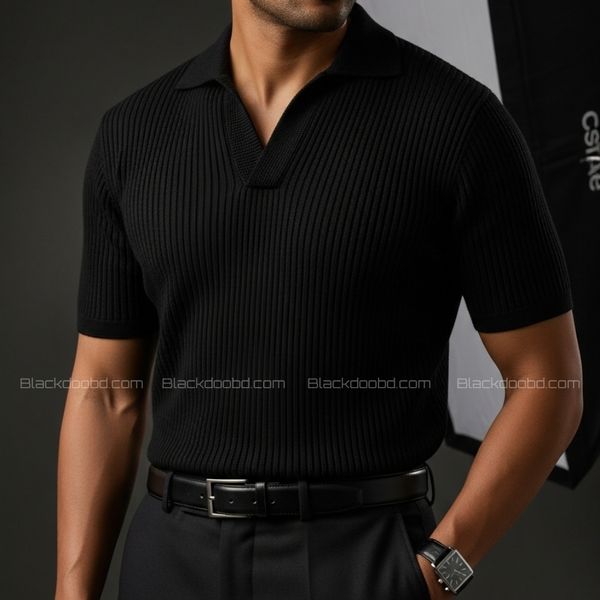 Old Money Men’s Polo – Ribbed Cotton Knit | Black