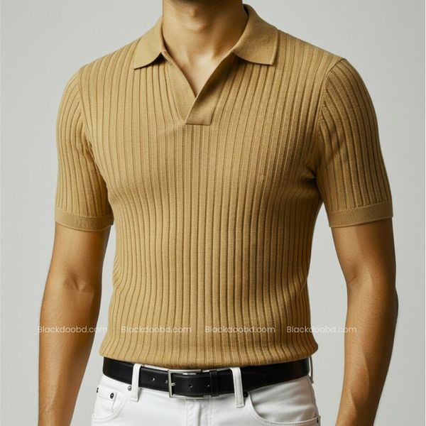 Old Money Men’s Polo – Brown Ribbed Cotton Knit Shirt
